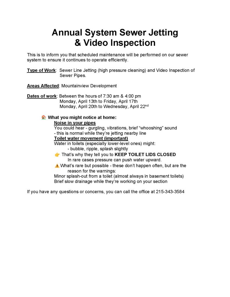Annual System Sewer Jetting Notice