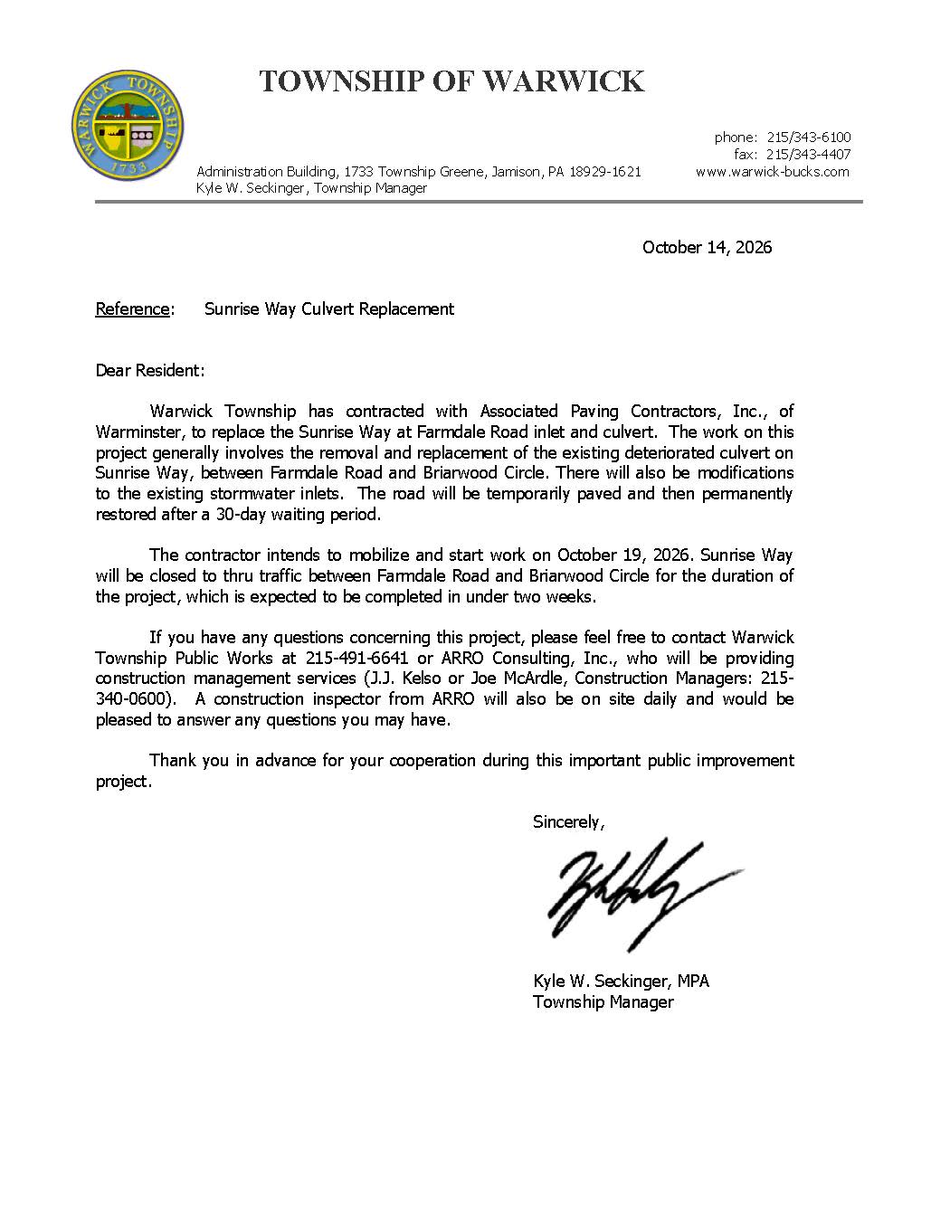Sunrise Way & Farmdale Rd construction and closure notice